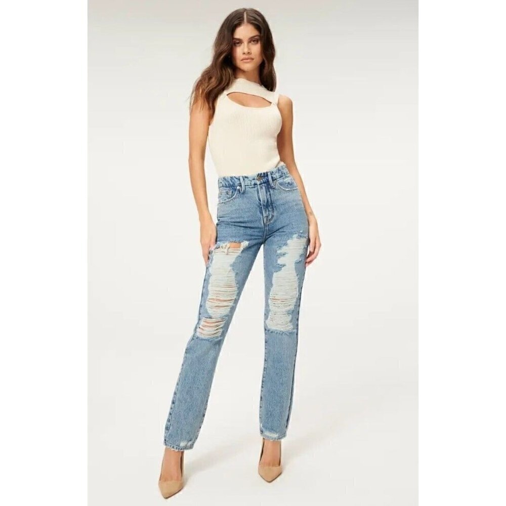 NWT GOOD AMERICAN Size 0/25 Good Boy Shredded HighWaist Boyfriend Jeans MSRP$189